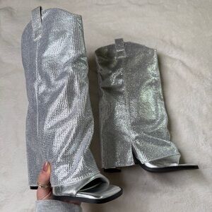 Azalea Wang Rhinestone Open Toe Cowboy Boots Silver 7.5 NWT